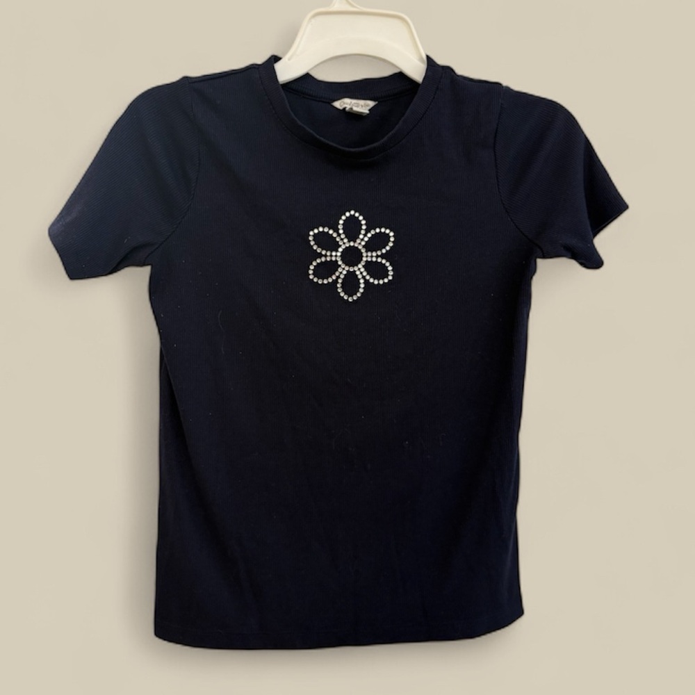 Charlotte Navy Ribbed Shirt with Rhinestone Flower Design